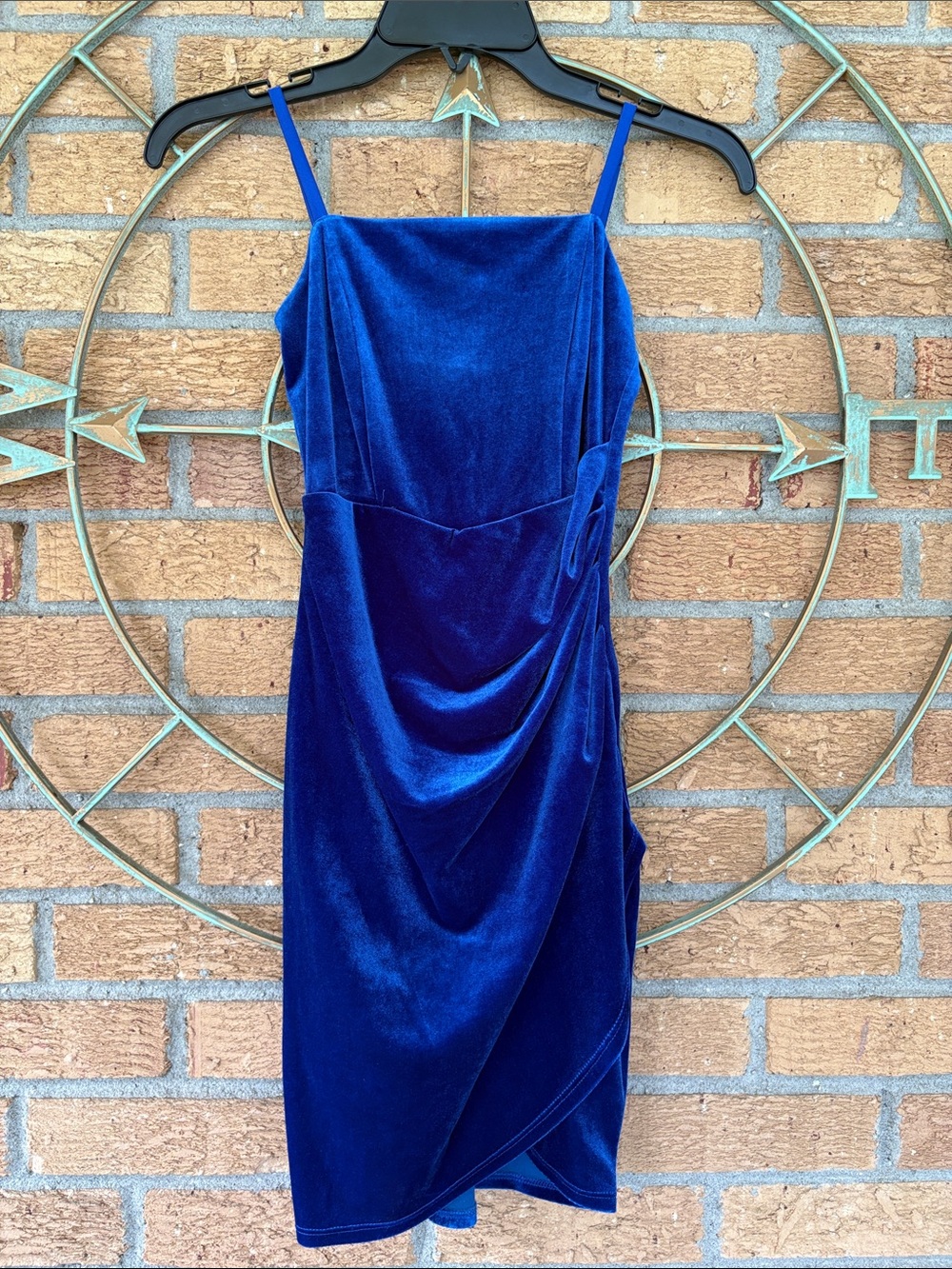 Blue Velvet Draped Spaghetti-Strap Dress